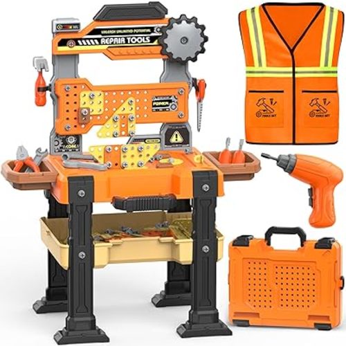 Kids Tool Bench Set with Electric Drill & Vest, Kids Tool Set Toddler Workbench Transformable Kid Tools Box, Toddler Workbench Toy Tools Bench Christmas Birthday Gift for Boys Girls Ages 3-5