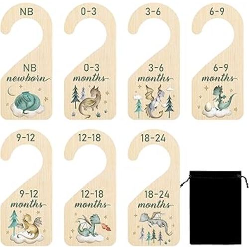 R HORSE Wooden Baby Closet Dividers - 8Pcs Dragon Baby Closet Organizer, Double-Sided Newborn Clothes Size Hanger Dividers, Nursery Decor Birthday Gift for Boy Girl (0-24 Months)