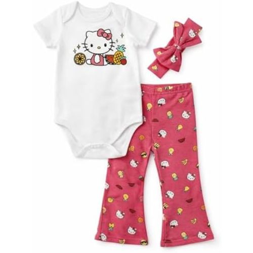 Hello Kitty Baby Girls 3-Piece Outfit Set, Short Sleeve Bodysuit and Printed Leggings
