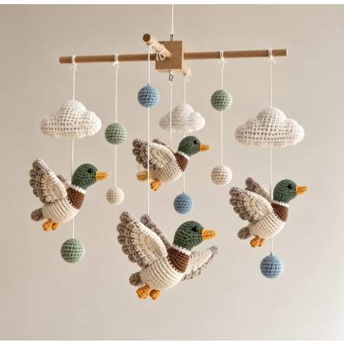 Handmade Crochet Duck Baby Mobile For Nursery Decor, Mallard Duck Woodland Crib Mobile, Gift For New Parents