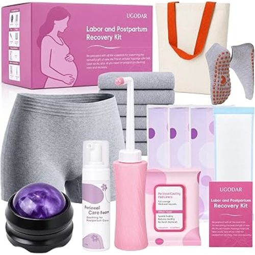 Postpartum Essentials Kit, Postpartum Recovery Set with Peri Bottle, Ice Pads, Perineal Care Foam, Cooling Pad Liners, Disposable Underwear, Labor Socks & Massage Roller,Labor Delivery Gift for Women