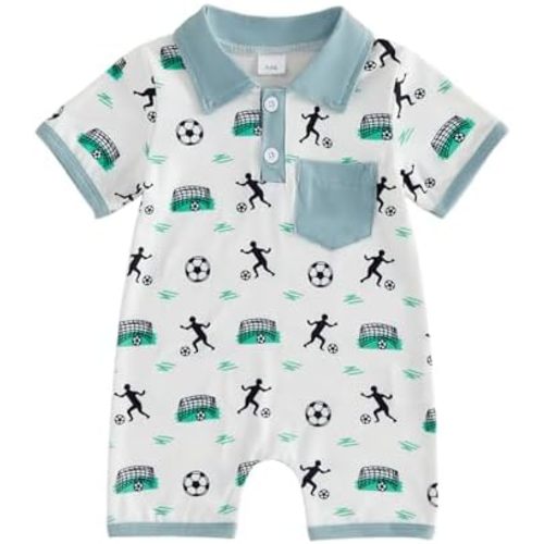 Sasaerucure Newborn Infant Baby Boy Soccer Outfit Short Sleeve Button Down Onesie One Piece Summer Romper Clothes
