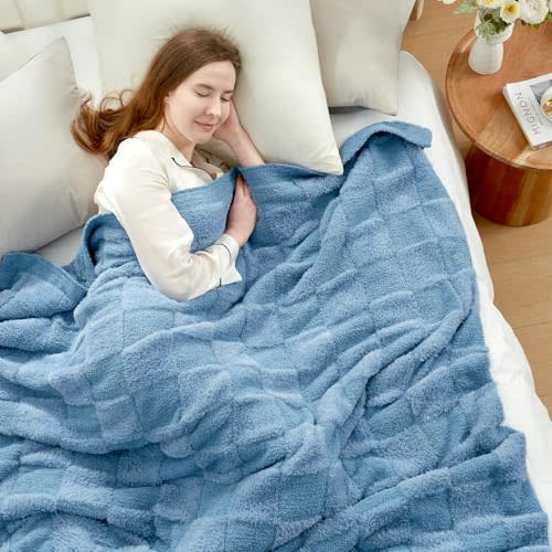 Snuggle Sac Faux Fur Checkered Blanket Twin Size with Soft Knitted Microfiber Fabric,Cozy Soft Warm Blanket for Sofa Bedroom Living Room,Solid Blue,60x80 inches