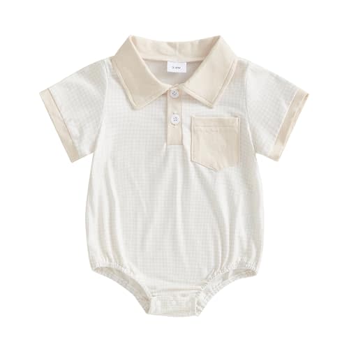 Demdzq Newborn Baby Boy Summer Clothes Short Sleeve Lapel Button Romper Up Loose Fit Plaid Jumpsuit Infant Baby Boy Outfit