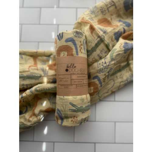 Safari Adventure Bamboo Muslin Swaddle | Gender-Neutral Baby Blanket | Soft + Breathable | Hello Duchess