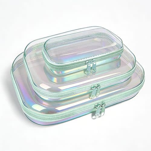 Clear Hard Shell Zipper Case,3PCS Transparent Clear Laser Zipper Pouches,Hard Side Plastic Case Set,Portable Travel Storage Organizer Bins