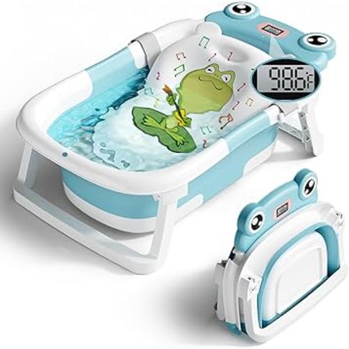 Baby Bathtub, Collapsible Newborn Bathtub for Infant to Toddler 0-24 Months with Soft Bath Net,Portable Travel Newborn Tub with No-Slip Feet, Baby Shower Gifts,Sky Blue