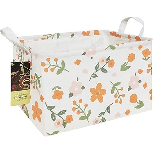 Rectangle Storage Basket Cute Canvas Organizer Bin for Pet/Children Toys, Books, Clothes Perfect for Rooms/Playroom(Rec-Orange Flower)