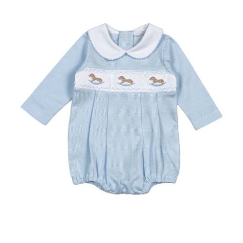 Blue Rocking Horse Hand Smocked Pima Bubble