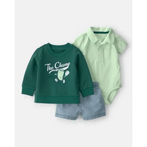 12M - Baby Boy 3-Piece Pickleball Sweatshirt, Bodysuit & Short Set - Green | Carter's