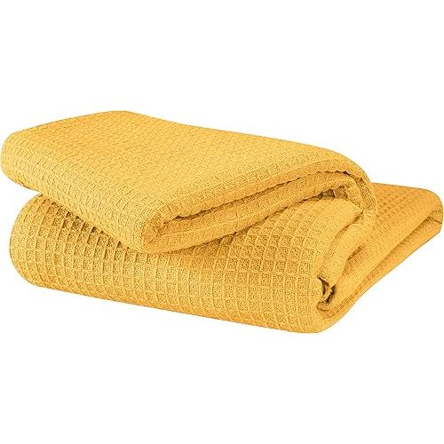 GLAMBURG Couverture thermique 100 % coton, couverture respirante pour lit une place, couverture gaufrée douce, couverture en coton pour toutes les saisons, jaune moutarde