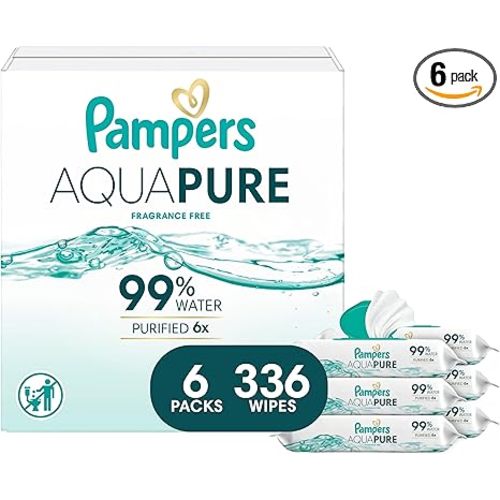 Pampers Aqua Pure Baby Wipes, 99% Water, Fragrance Free, 336 Baby Wipes Total (6X Flip-Top Packs) [Packaging May Vary]