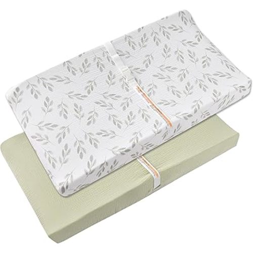 TADO MUSLIN Changing Pad Cover for Baby Girls Boys - 100% Organic Cotton Muslin Changing Pad Sheets with Secure 360° Elastic Fit, Ultra-Soft for Delicate Skin, 2 Pack