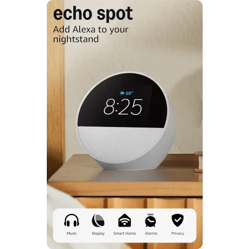 Amazon Echo Spot (newest model), Great for nightstands, offices and kitchens, Smart alarm clock, Designed for Alexa+, Glacier White