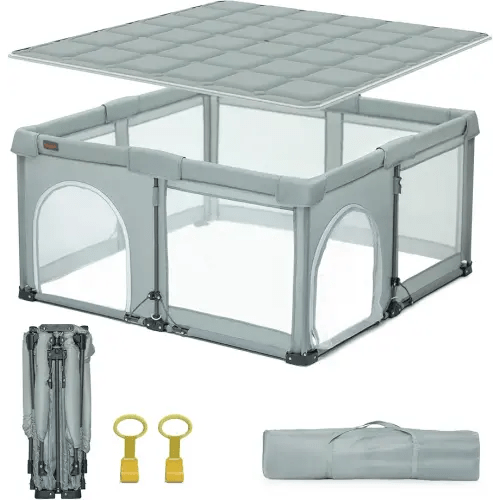 Foldable Playpen with Detachable Thicken Mat,59x71 Inches Portable Playpen,Collapsible Play Pen for Babies and Toddlers,Indoor & Outdoor Baby Fence Play Area,Cold Gray