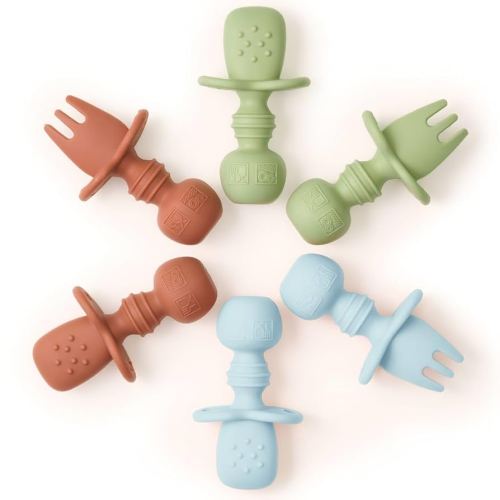 Tooshka® Baby Utensil Set (6 pcs) - Self Feeding Spoons - Silicone & BPA Free - Baby-Led Weaning (BLW) Supplies - Ages 6+ Months - Set of 6 - Brown, Green, & Blue