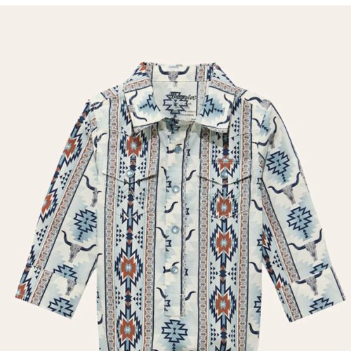 Wrangler Infant Boys' Checotah Blue Steer Print Long Sleeve Pearl Snap Western Onsie | Cavender's