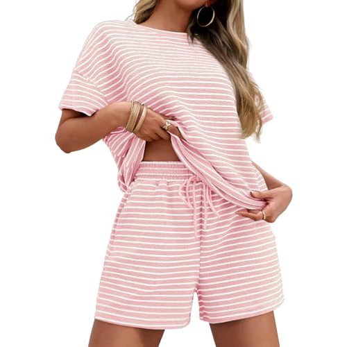 Tankaneo Womens Pajama Sets Striped 2 Piece Lounge Sets Short Sleeve Oversized T Shirts Drawstring Shorts Matching Set