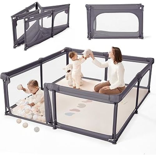 Sweeby Baby Playpen, 79x71 Inch Foldable Playpens for Babies and Toddlers with Gate, Extra Large Playpen with Door Play Yard for Baby Fence Indoor and Outdoor Portable Play Pen,Dark Gray
