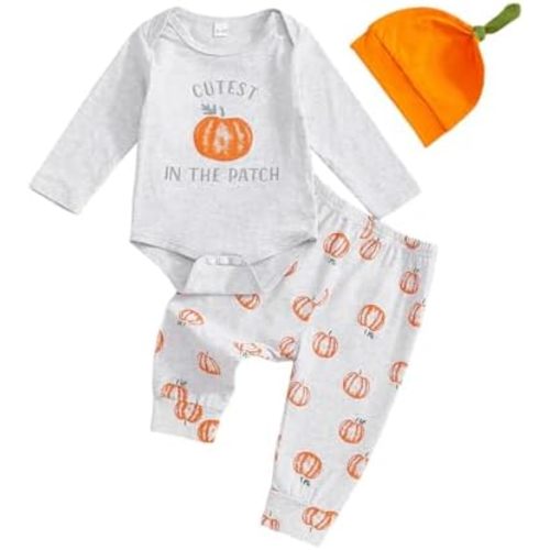 Newborn Baby Boy Halloween Outfit Pumpkin Print Long Sleeve Romper + Pants Hat Infant Halloween Clothes Set