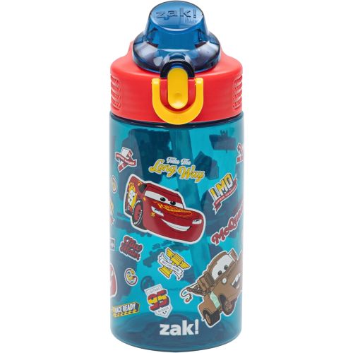 Zak Designs Disney Pixar Cars Sage Kids Water Bottle For School or Travel, 16oz Durable Plastic Water Bottle With Straw, Handle, and Leak-Proof, Pop-Up Spout Cover (Lightning McQueen & Mater)