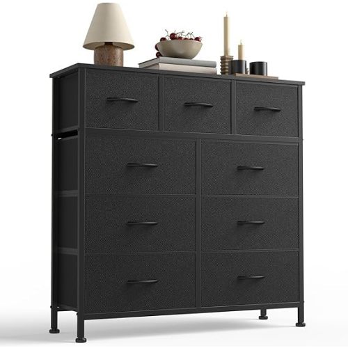 Sweetcrispy 7 Drawer Dresser with Fabric Bins Fabric Storage Tower Organizer for Bedroom Closet Hallway Entryway Tall Chest of Drawers with Steel Frame Wood Top Easy Pull Handles,Black