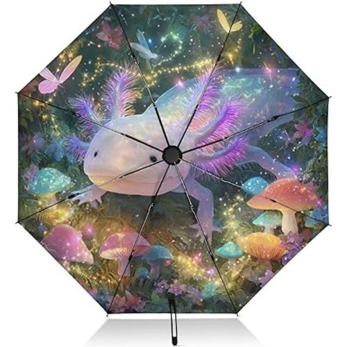 panksolu Folding Umbrella Beautiful Glowing Axolotl Compact Travel Umbrella Automatic Portable Lightweight Windproof Umbrellas for Sun Rain UV Protection Large Portable Umbrellas