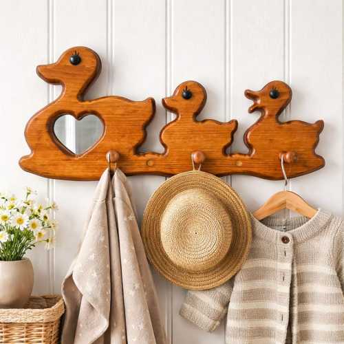 Vintage Wooden Duck Family Wall Hooks | Hand Carved Nursery Decor, Heart Mirror