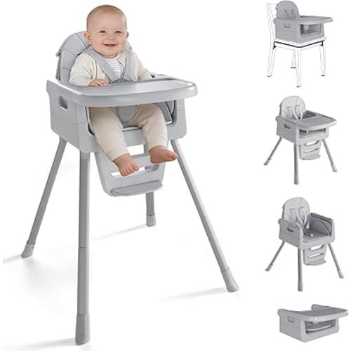Baby High Chair for 6 Months+, Foldable High Chairs for Babies and Toddlers, Convertible Toddler Chair, Adjustable Tray & Footrest, Lightweight, Stable & Easy to Clean(Gray)