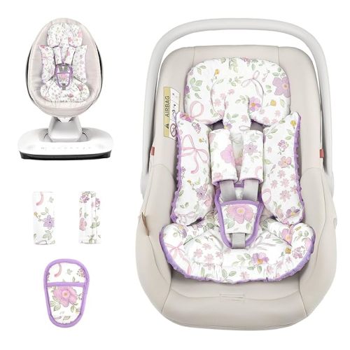 SWESEN Infant Car Seat Insert with 3 Strap Covers Set, Car Seat Head Support Baby for Girls, Soft 3 in 1 Baby Car Seat Cushion for Strollers, Bouncers, Swing, Purple Floral