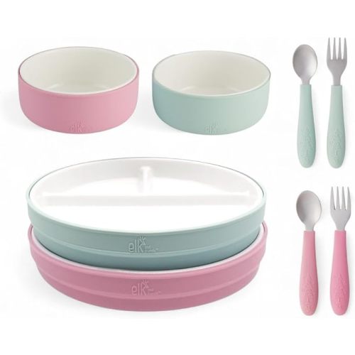 Elk and Friends Kids Porcelain Mealtime Bundle with Suction Sleeves | Plates, Bowls + Toddler Utensils | Silicone Sleeves | For Meals + Snacks | Microwave + Dishwasher Safe