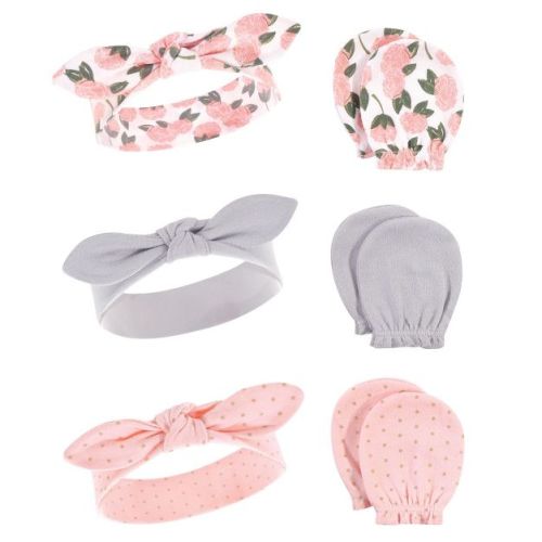 Hudson Baby Infant Girls Cotton Headband and Scratch Mitten 6pc Set, Pink Peony, 0-6 Months
