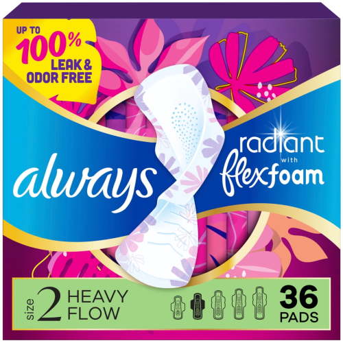 Always Radiant with FlexFoam Pads, Size 2, Heavy, Wings, 36 Count