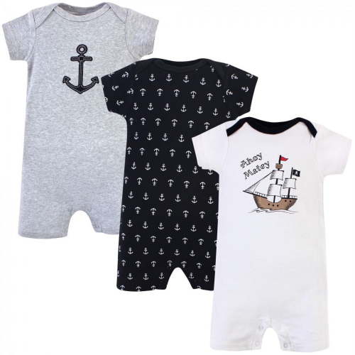 Hudson Baby Infant Boy Cotton Rompers 3pk, Pirate Ship, 0-3 Months