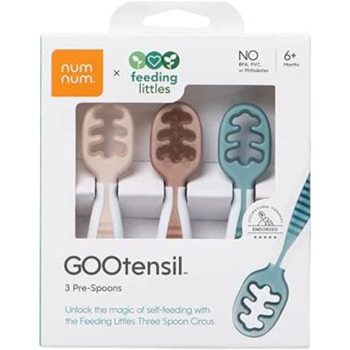NumNum Baby Spoons Set, Feeding Littles x Silicone Pre-Spoon GOOtensils for Baby Led Weaning, Self-Feeding & Teething, First Stage Toddler Utensils for Ages 6+ Months, 3-Pack, BPA-Free (Neutrals)