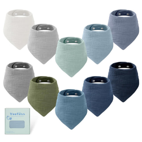 Yoofoss Muslin Baby Bibs 10 Pack 100% Organic Cotton 6-Layer Soft Absorbent Drool Bandana Baby Bibs for Drooling and Teething for Boys and Girls, Gradient Blue