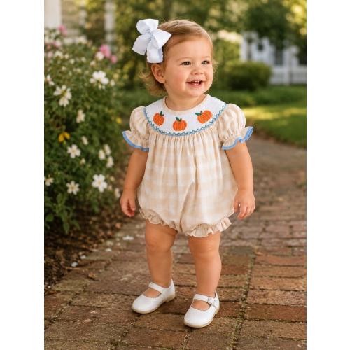 Smocked Pumpkin Bubble Romper on Tan Plaid - Halloween, Thanksgiving, Fall, Bishop style, Baby Girl, Pumpkin Patch, Vintage Style 848 *B