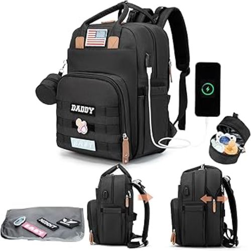 Expandable Diaper Bag Backpack for Dad and Mom – Large Capacity Baby Diaper Bag with Premium Leather, Changing Pad, Insulated Bottle Pockets, Stroller Straps, Laptop Sleeve – Black Travel Diaper Bag