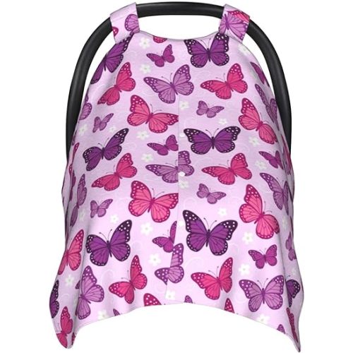 Butterfly Car Seat Canopy Cover for Baby, Nursing Cover for Newborn, Pink Butterfly Baby Girl Stuff Stroller Cover for All Seasons