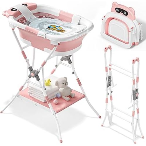 AVIDOR 2-in-1 Baby Bathtub with Stand for Newborn and Infants, Foldable Baby Bath Tub, Baby Shower Gifts for New Parents, Pink
