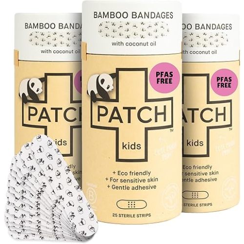 PATCH Eco-Friendly Bamboo Adhesive Sensitive Skin Bandages with Coconut Oil, Hypoallergenic Bandages for Sensitive Skin, Cute Kids Panda Print, Biodegradable, Plastic & Latex Free, 25 Count - 3pk