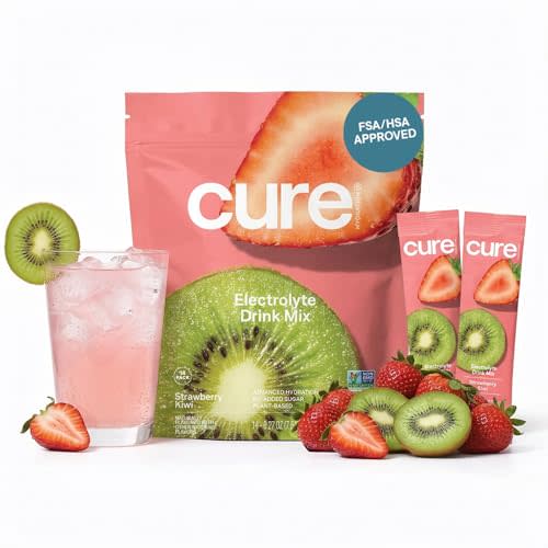 Cure Hydration - Electrolyte Drink Powder Strawberry Kiwi 14 Packets | Plant-Based Dehydration Relief Mix Made with Coconut Water, No Added Sugar, Vegan, Non-GMO, Gluten Free, FSA-HSA Eligible