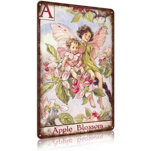 Flower Fairy Wall Decor Vintage Metal Tin Signs Fairy Garden Accessories - Apple Blossom