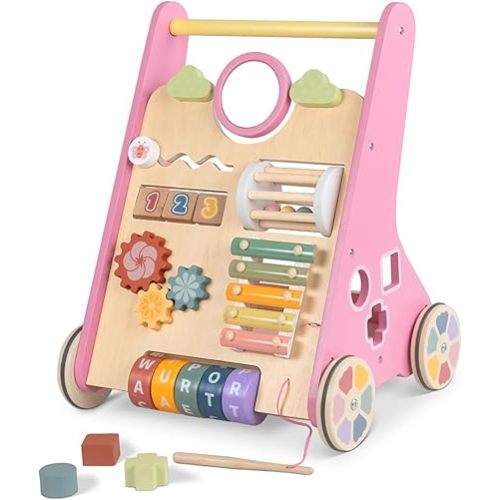 Baby Walker with Wheels, Wooden Push Walker Toys for Babies 6-12 Months, Baby Girl Walking Activity Toys for 1 Year Old