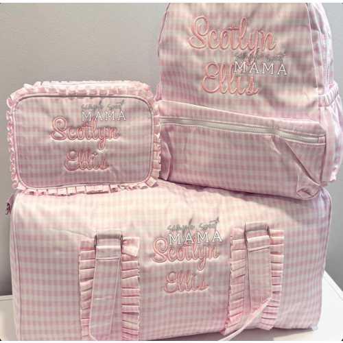 Personalized Pink Gingham Bag Set | Ruffle Duffle Bag | Wipeable Girls Travel Luggage | Monogram Backpack