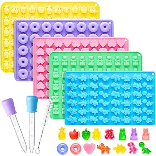 Silicone Gummy Molds Set of 5, Non-stick Candy Chocolate Molds with 2 Droppers 1 Clean Brush, Includes Dinosaur Bear Donut Fruit Heart Shape