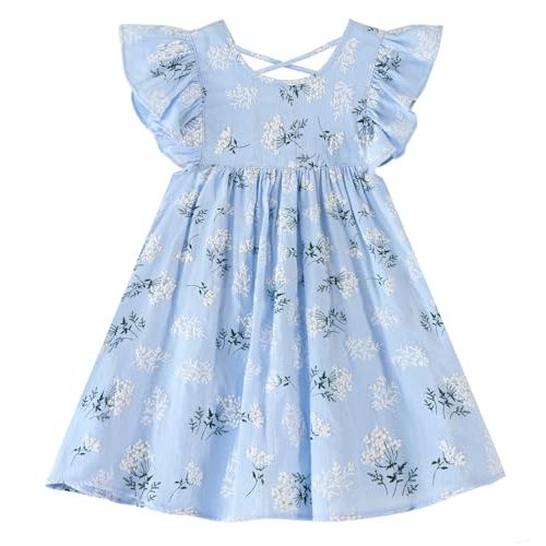 GSVIBK Girls Linen Cotton Dress Flutter Sleeve Back Cross Dress Toddler A-Line Skater Dress Baby Girl Halter Casual Sundress