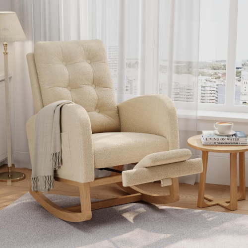 Nursery Rocking Chair with Footrest, Teddy Fleece Upholstery, Sturdy Wooden Legs & High Back Glider for Living Room or Bedroom, Light Brown