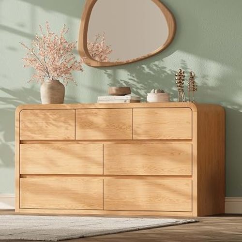 Modern 54" Wide 7 Drawers Dresser with Curved Profile Design,Oak