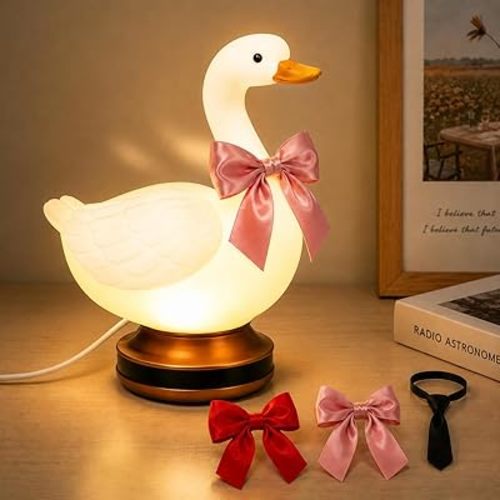 Eastyle Goose Night Light with Bow and Tie Accessories, Decorative Goose Shaped Table Lamp, Warm White USB Plug-in Goose Lamp, Cute Goose Nightlight, Resin Desk Light for Bedroom Shelf Decor Gift